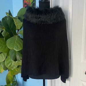 Elegant Black Knit Woven Fur-Trimmed Women's One Size Fits Most Sweater Poncho